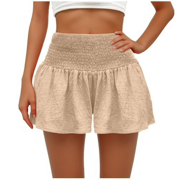Lenpel Women's Summer Shorts Elastic High Waisted Ruched Wide Leg Mini Shorts Casual Beach Vacation Outfits