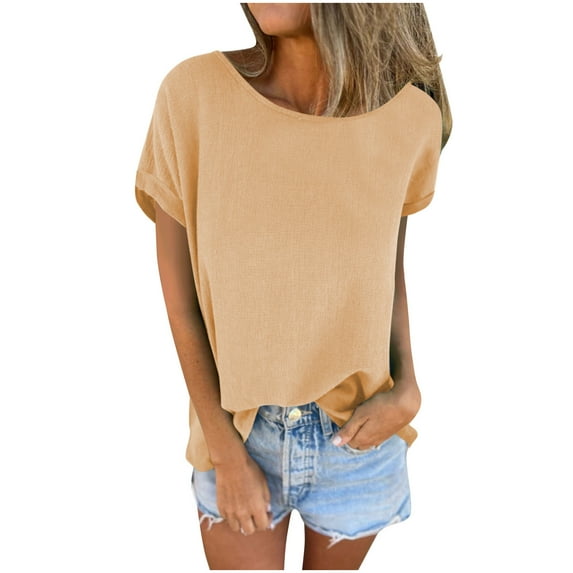 Lenpel Women's Summer Tops Fashion Casual Short Sleeve Boat Neck Solid Color Basic T Shirts Trendy Loose Blouses