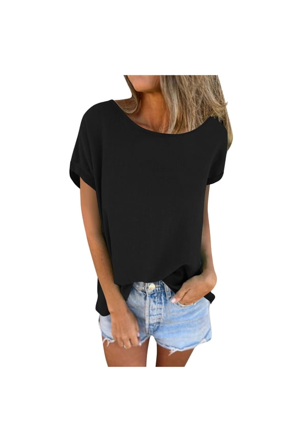 Women's Summer Tops Fashion Casual Short Sleeve Boat Neck Solid Color Basic T Shirts Trendy Loose Blouses