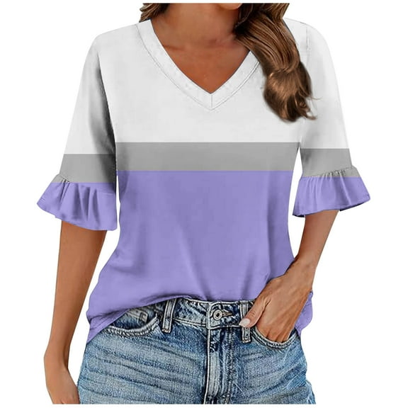 Lenpel Women's Summer Tops Spring Ruffle 3/4 Length Sleeve V Neck Color Block Casual T Shirts Loose Tunic Tee Blouses