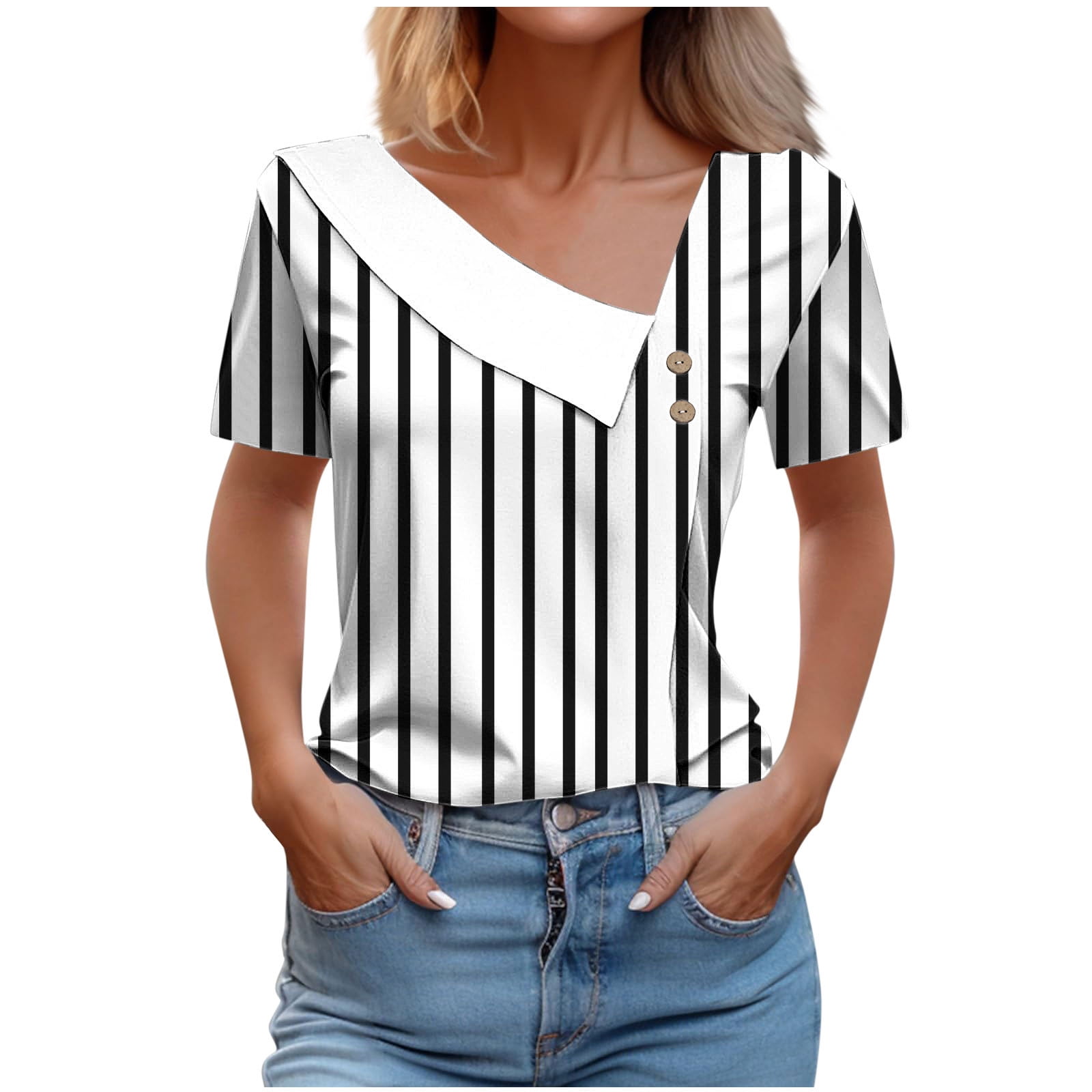 Lenpel Women's Summer Tops Trendy Short Sleeve Asymmetrical Neck Button ...