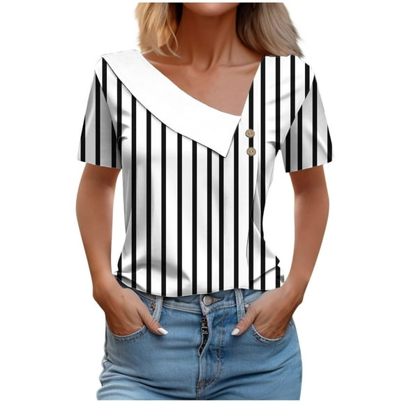 Lenpel Women's Summer Tops Trendy Short Sleeve Asymmetrical Neck Button Front Striped T Shirts Casual Tunic Blouses