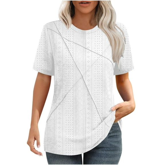 Lenpel Women's Summer Tops Trendy Short Sleeve Crew Neck Eyelet Embroidered Solid Color T-Shirts Casual Tunic Tees