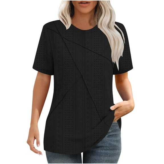 Lenpel Women's Summer Tops Trendy Short Sleeve Crew Neck Eyelet Embroidered Solid Color T-Shirts Casual Tunic Tees