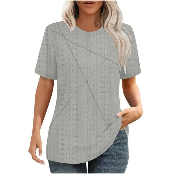 Lenpel Women's Summer Tops Trendy Short Sleeve Crew Neck Eyelet Embroidered Solid Color T-Shirts Casual Tunic Tees