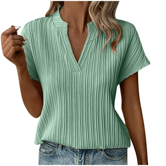 Lenpel Women's Summer Tops Trendy V Neck Short Sleeve Textured Dressy Casual T Shirts Loose Tee Blouses
