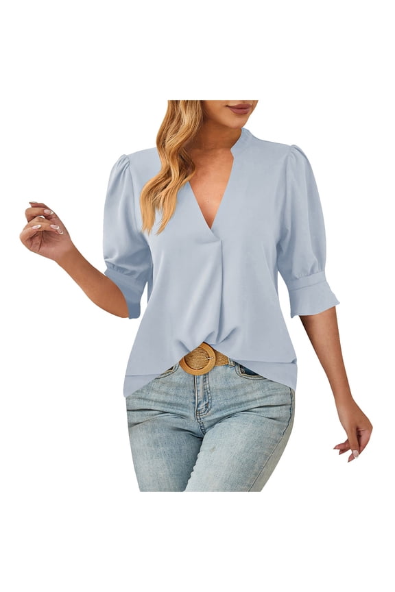 Women's Summer Tops 3/4 Length Bell Sleeve V Neck Dressy Casual Blouses Trendy Spring Tunic Shirts
