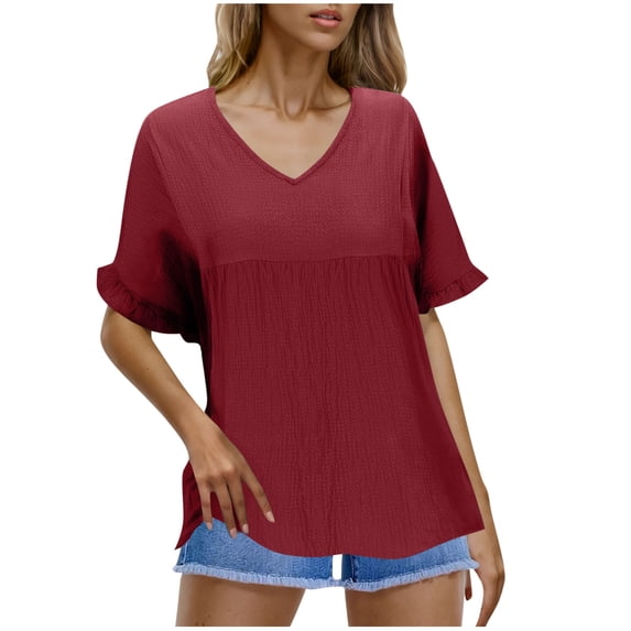 Lenpel Women's Summer Tops Casual Ruffle Short Sleeve V Neck Pleated Peplum Babydoll Shirts Loose Tunic Blouses