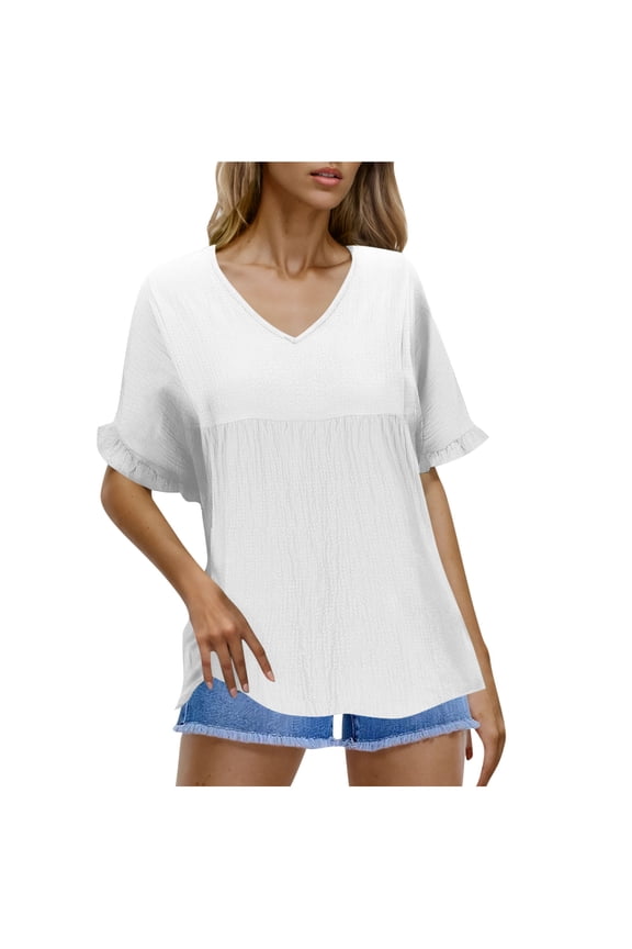 Women's Summer Tops Casual Ruffle Short Sleeve V Neck Pleated Peplum Babydoll Shirts Loose Tunic Blouses