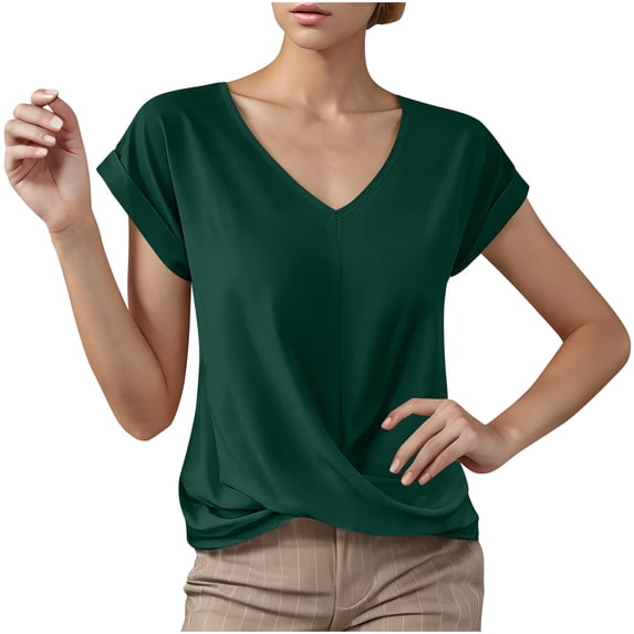 Lenpel Women's Summer Tops Comfy V Neck Short Sleeve Knot Front Solid Color Casual T Shirts Loose Tunic Tee Blouses