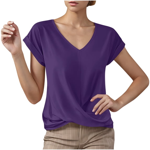 Lenpel Women's Summer Tops Comfy V Neck Short Sleeve Knot Front Solid Color Casual T Shirts Loose Tunic Tee Blouses