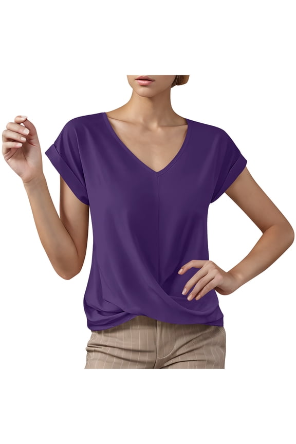Women's Summer Tops Comfy V Neck Short Sleeve Knot Front Solid Color Casual T Shirts Loose Tunic Tee Blouses