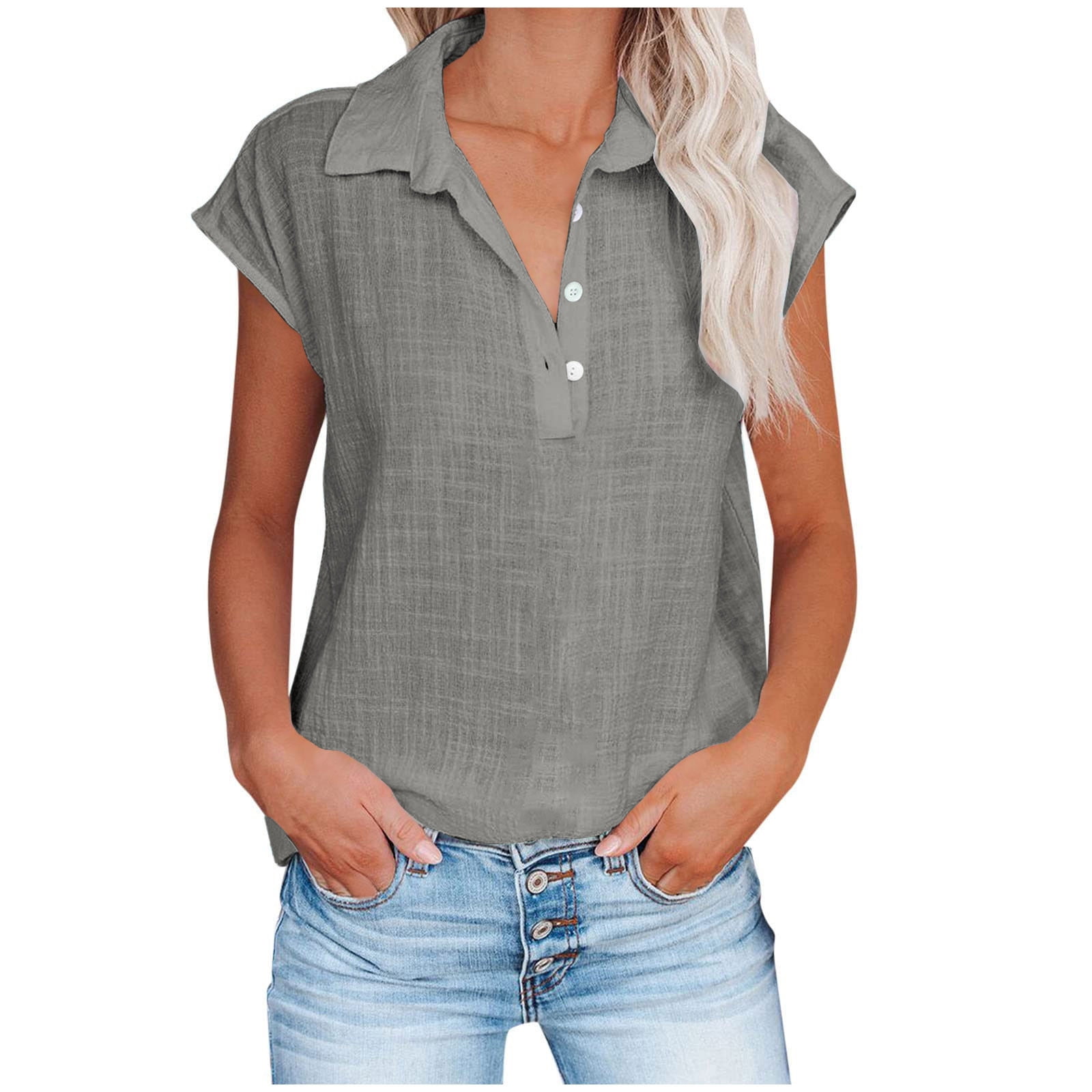 Lenpel Women's Summer Tops Cotton Linen V Neck Half Button Collared Cap ...