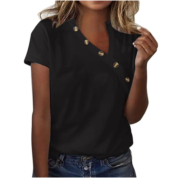 Lenpel Women's Summer Tops Plus Size Short Sleeve Asymmetrical Neck Button Tunic T Shirts Casual Loose Blouses