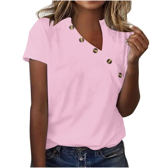 Lenpel Women's Summer Tops Plus Size Short Sleeve Asymmetrical Neck Button Tunic T Shirts Casual Loose Blouses