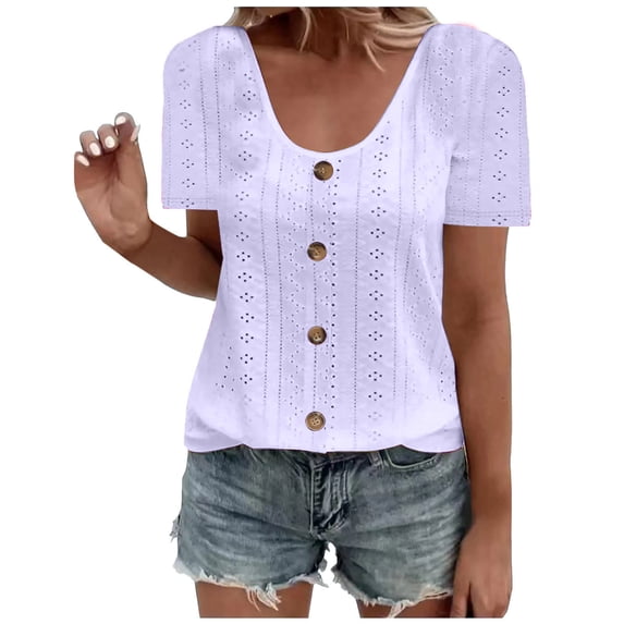 Lenpel Women's Summer Tops Plus Size Short Sleeve Scoop Neck Button Front Eyelet Embroidered T Shirts Loose Casual Blouses