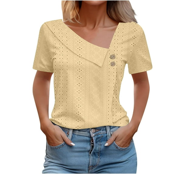 Lenpel Women's Summer Tops Short Sleeve Asymmetrical Neck Eyelet Embroideries Blouses Tunic Casual T Shirts