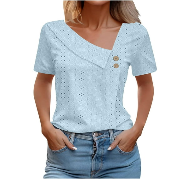 Lenpel Women's Summer Tops Short Sleeve Asymmetrical Neck Eyelet Embroideries Blouses Tunic Casual T Shirts