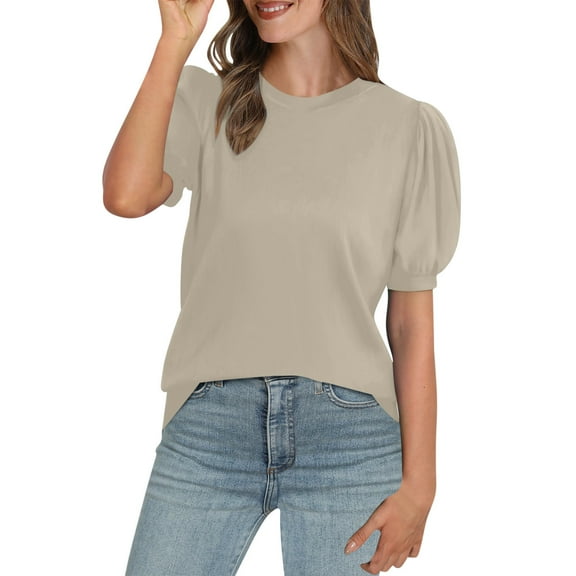 Lenpel Women's Summer Tops Trendy Crew Neck Puff Short Sleeve Dressy Casual Tunic Blouses Loose T Shirts