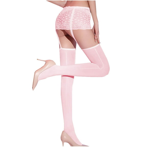 Lenpel Women's Suspender Pantyhose Lace See Through Thigh High Stockings with Garter Belt Strap Sheer Tights