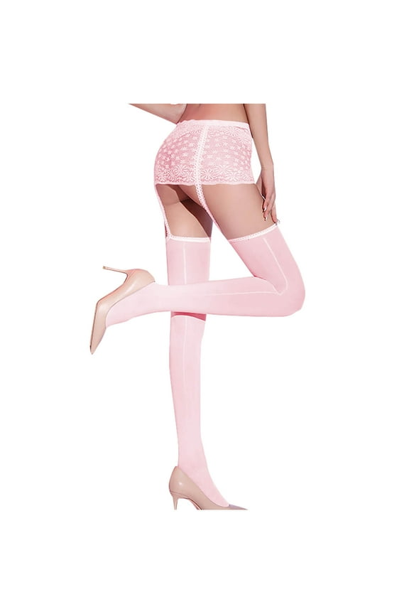 Women's Suspender Pantyhose Lace See Through Thigh High Stockings with Garter Belt Strap Sheer Tights