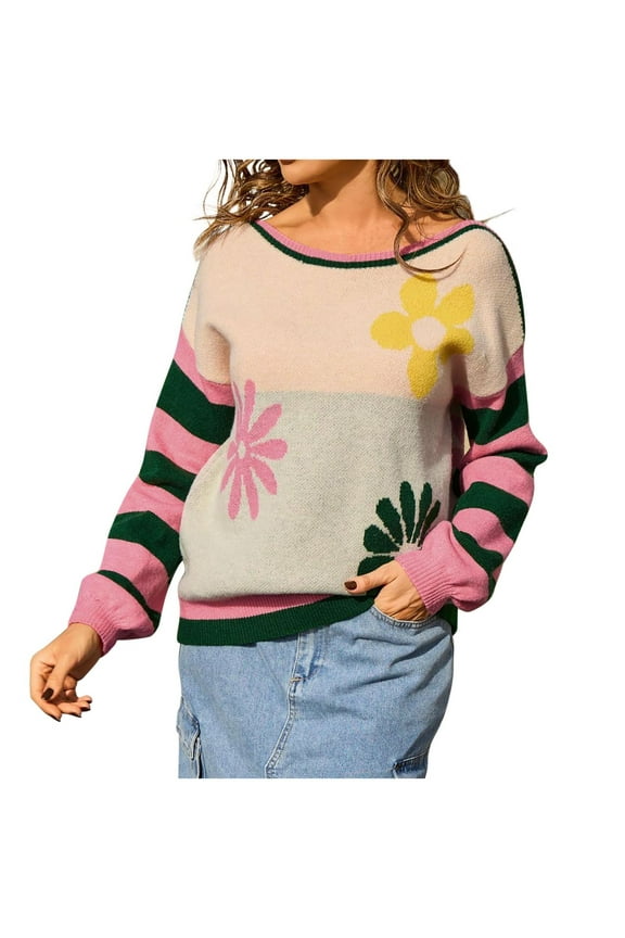 Women's Sweaters Boat Neck Lantern Long Sleeve Floral Printed Color Block Knit Sweater Tops Casual Loose Pullover Sweaters(Green,X-Large)