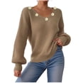thumbnail image 1 of Lenpel Women's Sweaters Floral Embroidered V Neck Lantern Long Sleeve Chunky Knit Sweater Tops Casual Pullover Sweaters(Khaki,Medium), 1 of 7