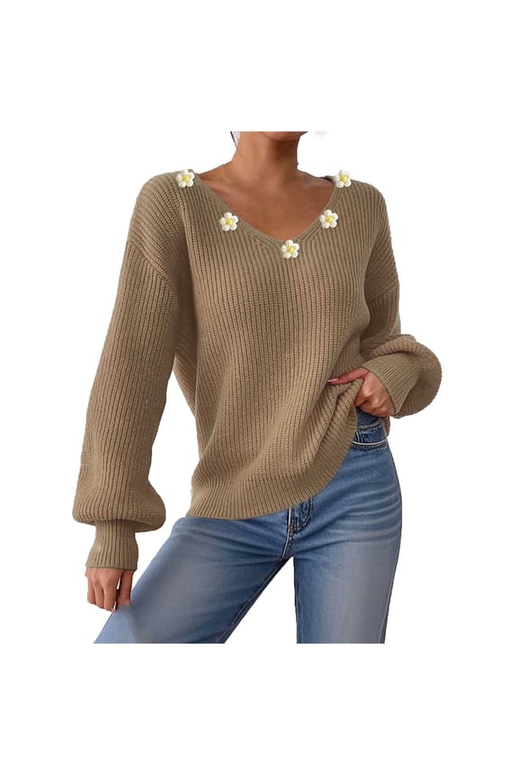 Women's Sweaters Floral Embroidered V Neck Lantern Long Sleeve Chunky Knit Sweater Tops Casual Pullover Sweaters(Khaki,Medium)