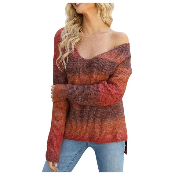 Lenpel Women's Sweaters Gradient Long Sleeve V Neck Knitted Pullover Tops 2024 Trendy Fall Winter Tunic Outwear