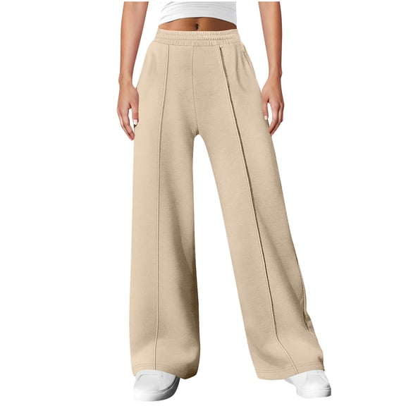 Lenpel Women's Sweatpants Baggy Elastic High Waisted Soft Comfy Wide Leg Lounge Pants Baggy Casual Workout Trousers(Khaki,Medium)