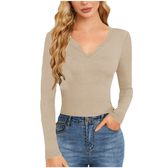 Lenpel Women's T Shirt V Neck Long Sleeve Ribbed Knitted Fall Tops Trendy Casual Layering Tee Undershirts