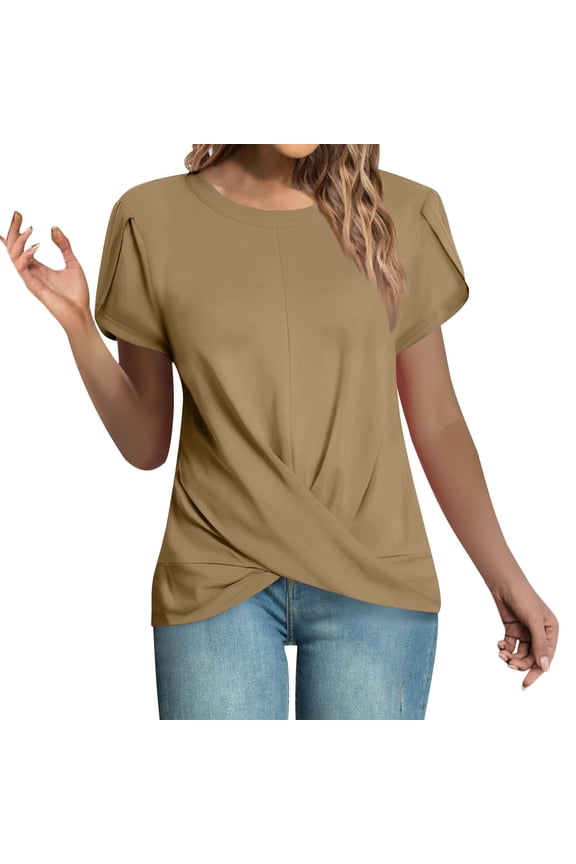 Women's T Shirts Trendy Short Sleeve Crew Neck Twist Front Solid Color Tunic Tops Casual Tee Blouses