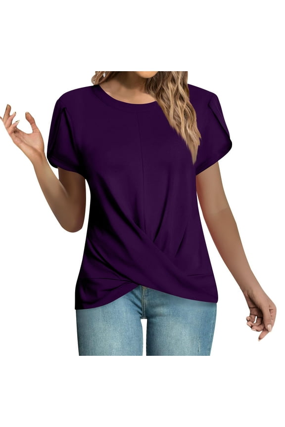 Women's T Shirts Trendy Short Sleeve Crew Neck Twist Front Solid Color Tunic Tops Casual Tee Blouses