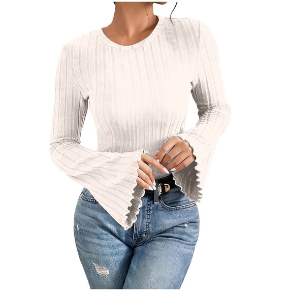 Lenpel Women's T-Shirts Bell Long Sleeve Crew Neck Ruffle Trim Slim Ribbed Knit Tops Brushed Fleece Tee Blouses(Beige,XX-Large)