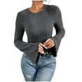 thumbnail image 1 of Lenpel Women's T-Shirts Bell Long Sleeve Crew Neck Ruffle Trim Slim Ribbed Knit Tops Brushed Fleece Tee Blouses(Dark Gray,Medium), 1 of 7