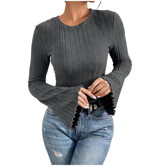 Lenpel Women's T-Shirts Bell Long Sleeve Crew Neck Ruffle Trim Slim Ribbed Knit Tops Brushed Fleece Tee Blouses(Dark Gray,Medium)