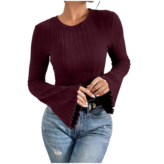 Lenpel Women's T-Shirts Bell Long Sleeve Crew Neck Ruffle Trim Slim Ribbed Knit Tops Brushed Fleece Tee Blouses(Wine,X-Large)