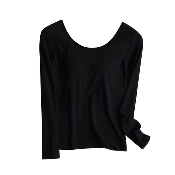 Lenpel Women's T Shirts Built in Bra Long Sleeve Scoop Neck Solid Color Pajama Yoga Tops Soft Casual Tee Blouses(Black,X-Large)