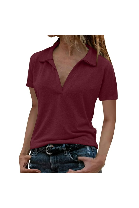 Women's T Shirts Casual Short Sleeve V Neck Solid Color Collared Tee Tops Fashion Summer Clothes