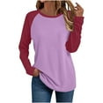 thumbnail image 1 of Lenpel Women's T Shirts Fall Fashion Long Sleeve Crew Neck Color Block Tunic Tops Soft Casual Blouses Loose Basic Tees(Purple,Large), 1 of 5