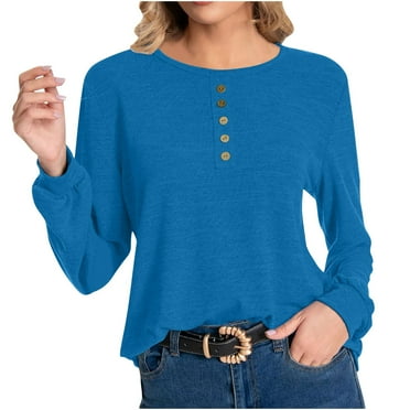 Lenpel Women's T Shirts Long Sleeve Buttons Crew Neck 2025 Fall Trendy Tee Shirts Loose Solid Color Soft Tunic Tops