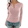 thumbnail image 1 of Lenpel Women's T Shirts Long Sleeve Crew Neck Half Button Solid Color Ribbed Slim Tunic Tops Going out Tee Blouses(Pink,Small), 1 of 7
