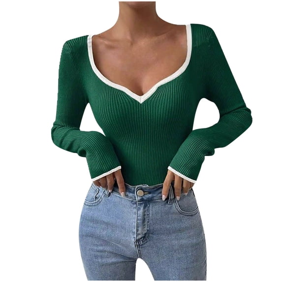 Lenpel Women's T Shirts Long Sleeve Scoop Neck Ribbed Knit Slim Tunic Tops Soft Casual Lightweight Sweaters(Green,Small)