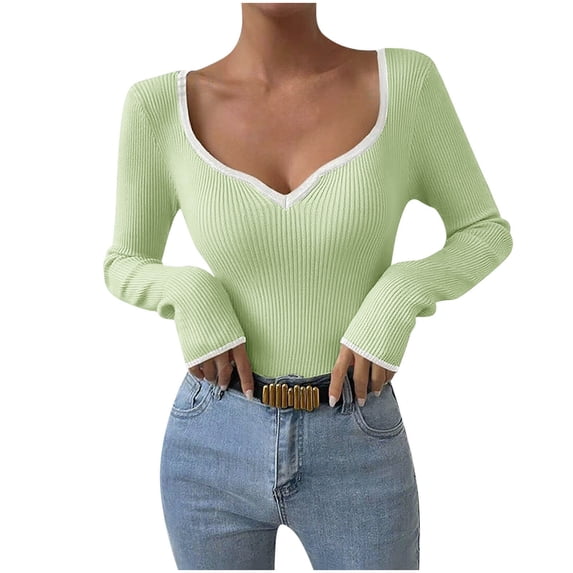 Lenpel Women's T Shirts Long Sleeve Scoop Neck Ribbed Knit Slim Tunic Tops Soft Casual Lightweight Sweaters(Mint Green,Small)
