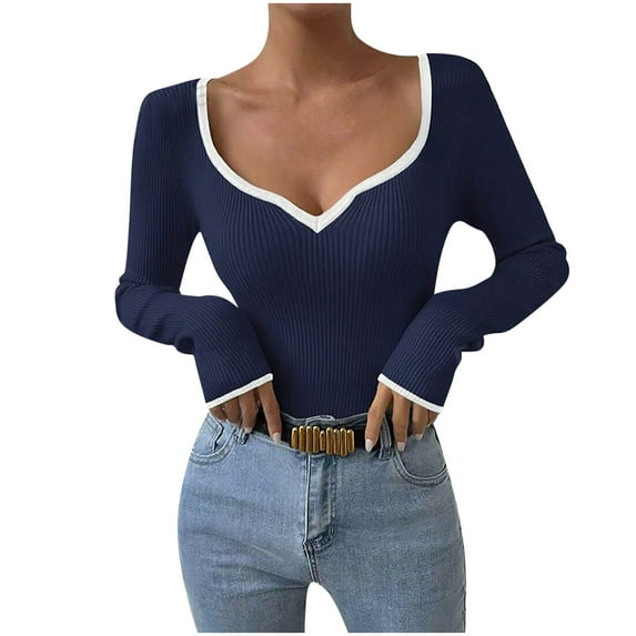 Lenpel Women's T Shirts Long Sleeve Scoop Neck Ribbed Knit Slim Tunic Tops Soft Casual Lightweight Sweaters(Navy,Small)