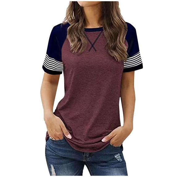Lenpel Women's T Shirts Short Sleeve Crew Neck Color Block Striped Casual Tee Tops Tunic Summer Blouses