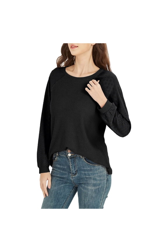 Women's T Shirts Textured Knit Crew Neck Eyelet Embroidered Long Sleeve Tunic Tops Casual Loose Tee Blouses(Black,Small)
