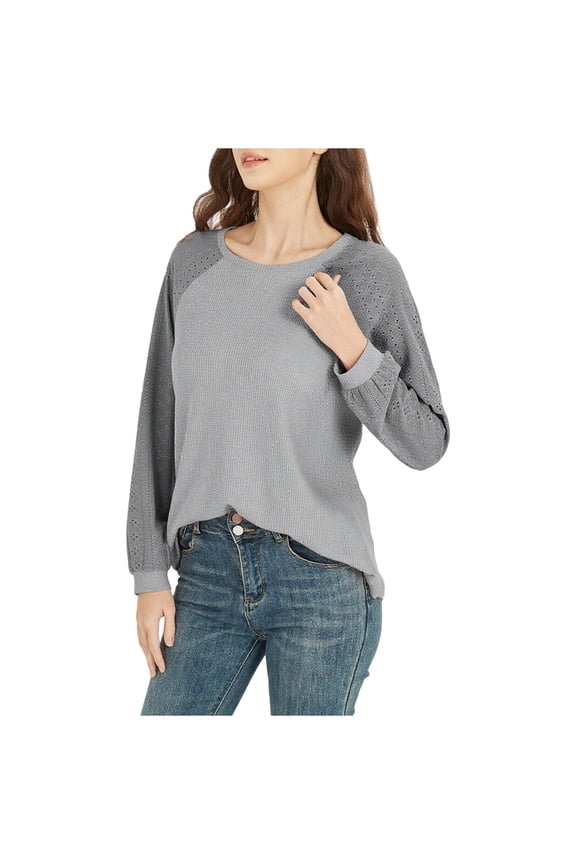 Women's T Shirts Textured Knit Crew Neck Eyelet Embroidered Long Sleeve Tunic Tops Casual Loose Tee Blouses(Dark Gray,Small)