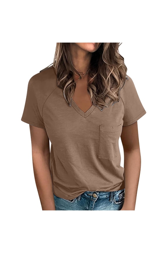 Women's T Shirts Trendy Short Sleeve V Neck Side Split Solid Color Casual Tees Summer Tunic Tops
