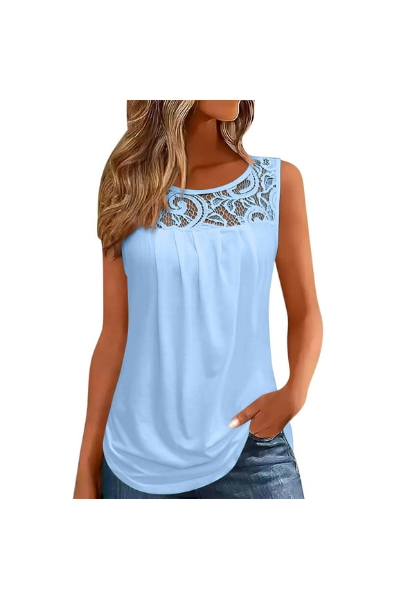 Women's Tank Tops Summer Casual Lace Crew Neck Pleated Curved Hem Sleeveless T Shirts Loose Tunic Blouses